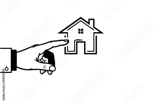 A hand in a suit sleeve points at a stylized house outline