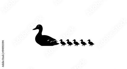 Mother duck leading her ducklings in a line.