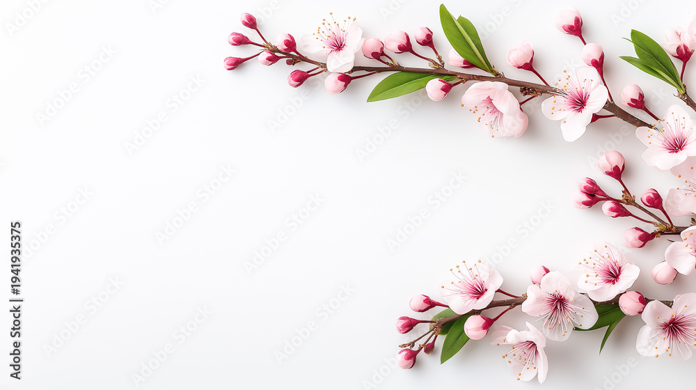 Obraz premium Pink cherry blossom branches with delicate flowers and buds arranged on a clean white background, showcasing the beauty of spring and floral design elements
