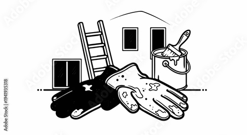 A ladder, paint bucket, brush, and gloves are scattered near a house