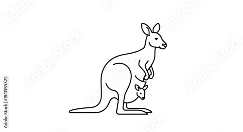Simple line drawing of a kangaroo with a joey in her pouch.