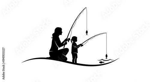 Mother and child fishing together in silhouette.