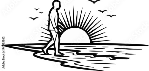 A person walks by the ocean at sunrise with birds flying above