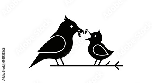 Simple black silhouette of a mother bird feeding her young on a branch.