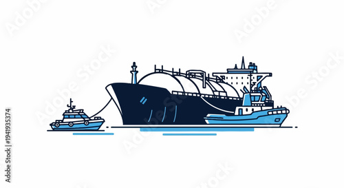 A large cargo ship being assisted by two smaller boats