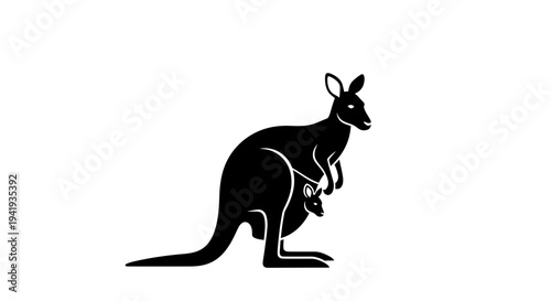 Kangaroo with joey in pouch silhouette illustration.