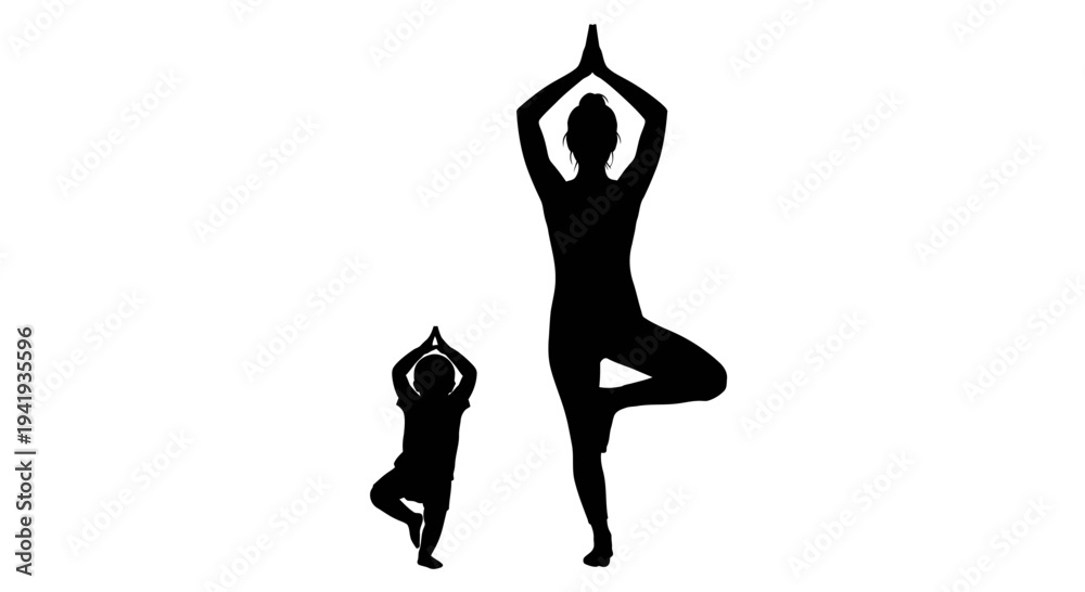 Fototapeta premium Silhouette of a woman and child practicing yoga together in a serene pose.