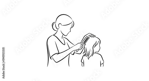 Mother gently brushing daughter's hair in simple line drawing.