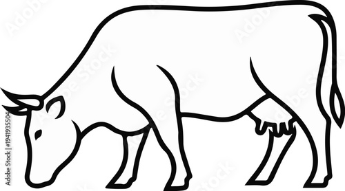 A simple black and white line drawing of a cow grazing