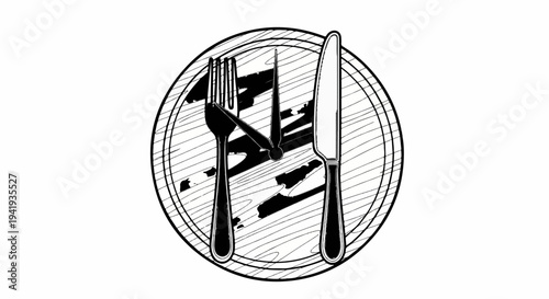 A fork, knife, and clock hands on a plate with scribbled lines