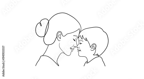 Continuous line drawing of a mother and child touching noses.