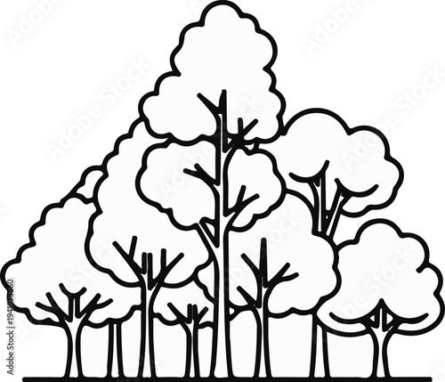 A simple black and white line drawing of a dense forest of trees