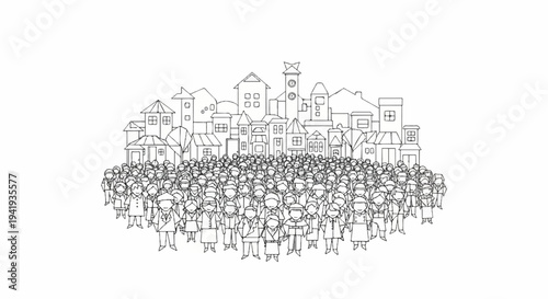 A large crowd of people gather in front of a stylized town skyline