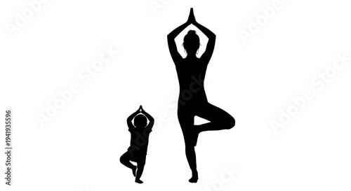 Silhouette of a woman and child practicing yoga together in a serene pose.