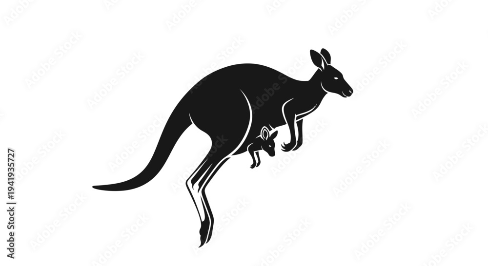 Fototapeta premium Kangaroo with joey in pouch silhouette.