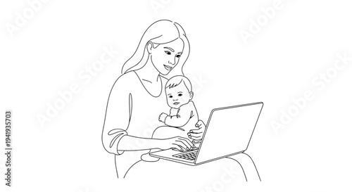 Mother working on laptop with baby in her lap.