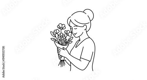 Woman holding a bouquet of flowers in a simple line drawing.