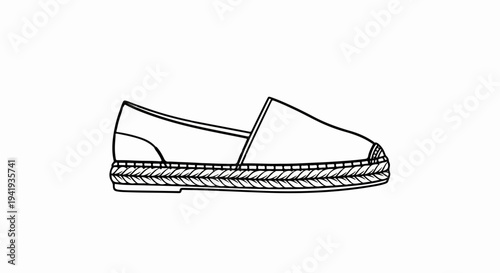 A simple black and white line drawing of a flat, slip-on shoe with a woven espadrille sole