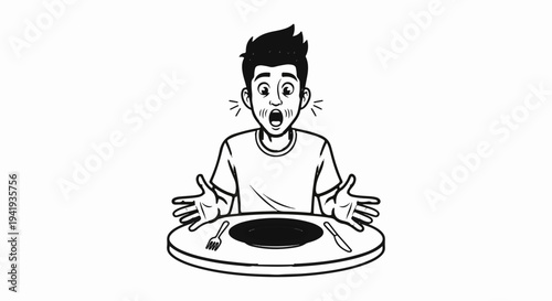 A shocked person sits at an empty table with a plate, fork, and knife