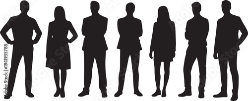 Vector silhouettes of men and a women, a group of standing business people, black color isolated on white background