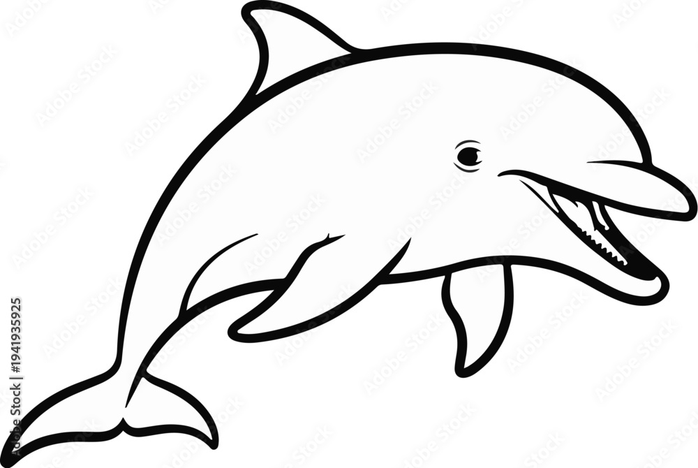 Obraz premium A simple black and white line drawing of a happy dolphin with its mouth open