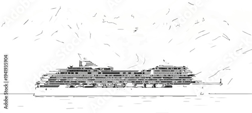 A large, modern cruise ship sails on calm water under a stylized sky