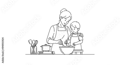Mother and child cooking together in the kitchen.