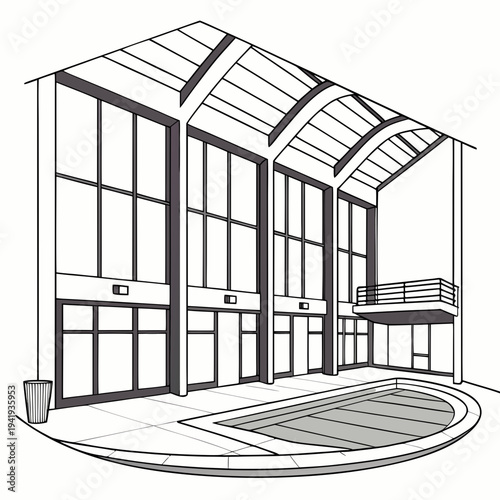 Black and white of indoor swimming pool with balcony and large windows