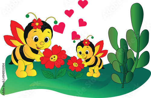 Mother and baby bee characters with red flowers and hearts in a garden, cute vector illustration for nursery or kids.
