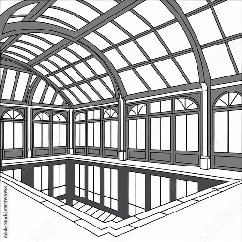 Grayscale of indoor swimming pool with glass roof and walls