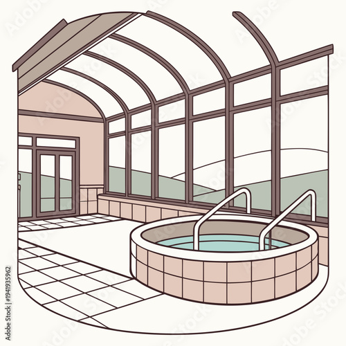Indoor hot tub with tiled floor and glass wall indoor pool