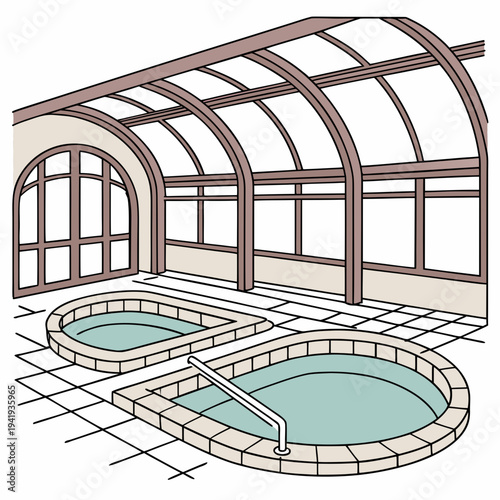 Indoor hot tubs with brown frame and roof indoor pool