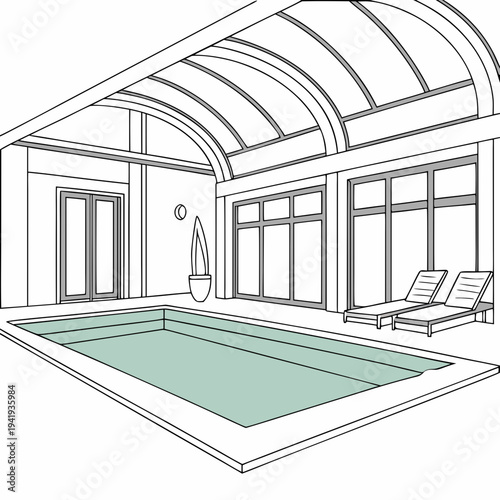 Indoor pool with lounge chairs and vaulted ceiling