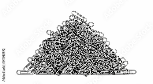 A large pile of paperclips forms a triangular shape against a white background