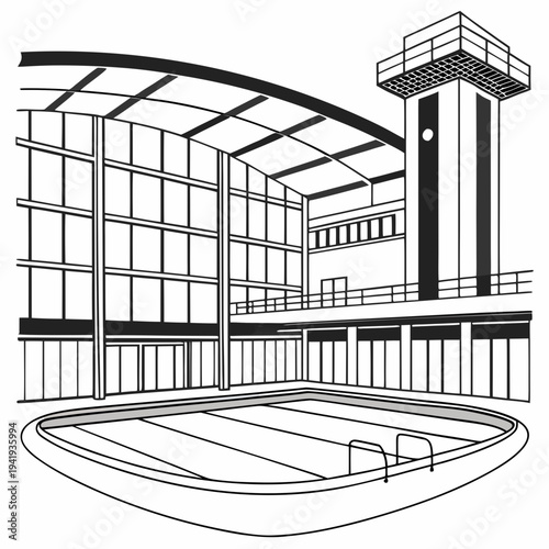 Indoor swimming pool with diving tower and large windows