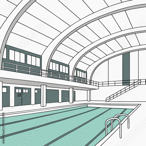 Indoor swimming pool with arched ceiling and balcony