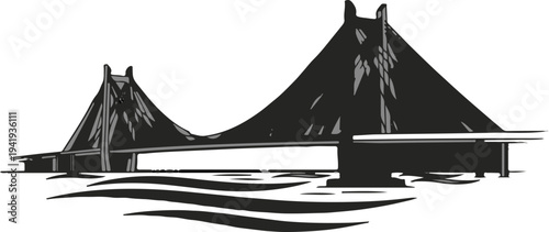 A large suspension bridge spans across water with stylized waves below