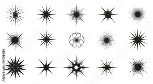 Collection of abstract starburst shapes and a circular floral design in black silhouette high quality professional