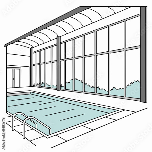 Indoor swimming pool with large windows and metal railing