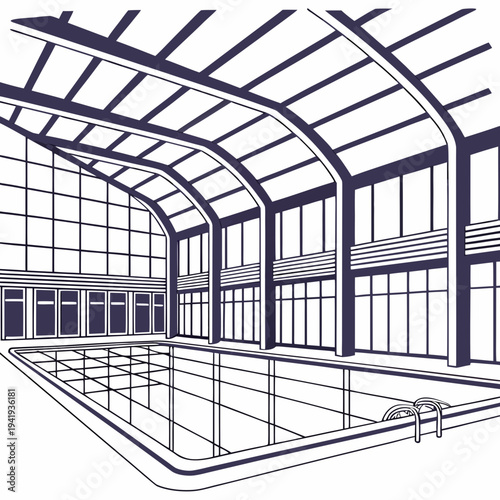 Indoor swimming pool with metal frame and glass walls