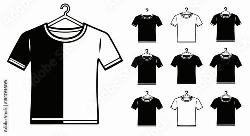 A large t-shirt split black and white, many smaller t-shirts