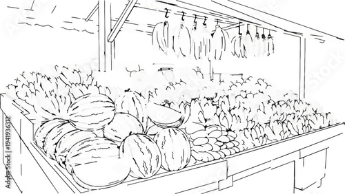 A detailed line drawing of a vibrant fruit stand overflowing with fresh produce