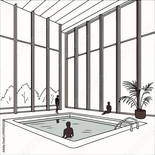 Indoor pool with people and large windows plant hot tub