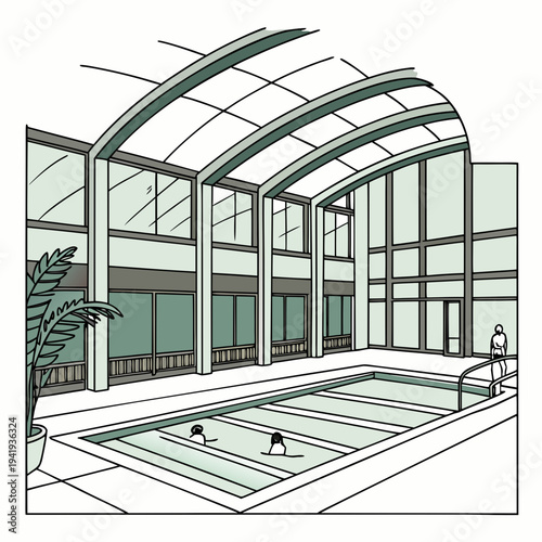 Indoor pool with glass walls and people swimming pool