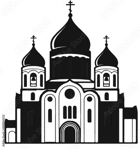 A silhouette of a large, ornate orthodox church with multiple domes and crosses