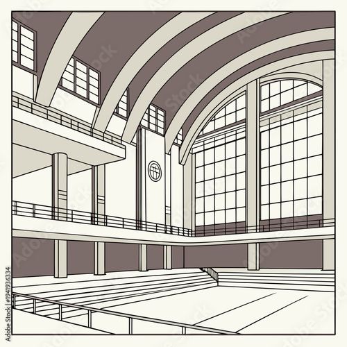 Indoor swimming pool with arched ceiling and large windows 1