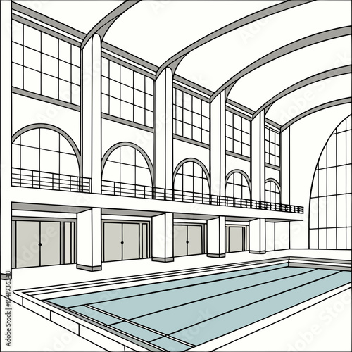 Indoor swimming pool with arched windows and balcony