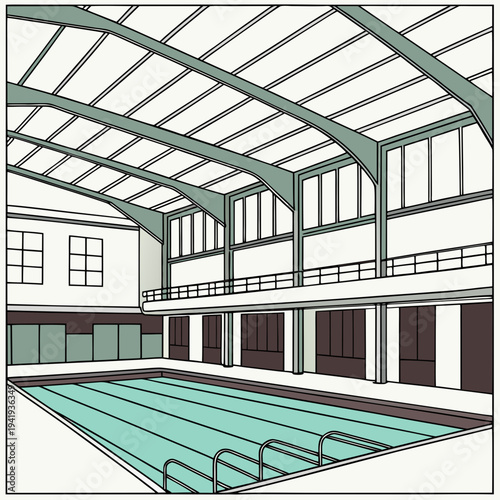 Indoor swimming pool with exposed beams and upper walkway