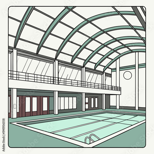 Indoor swimming pool with green floor and white walls