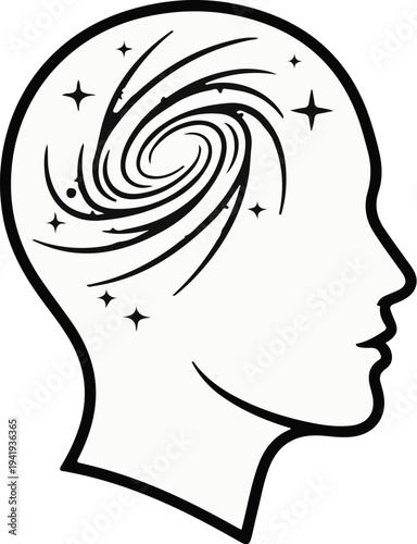 A silhouette of a human head containing a swirling galaxy with stars